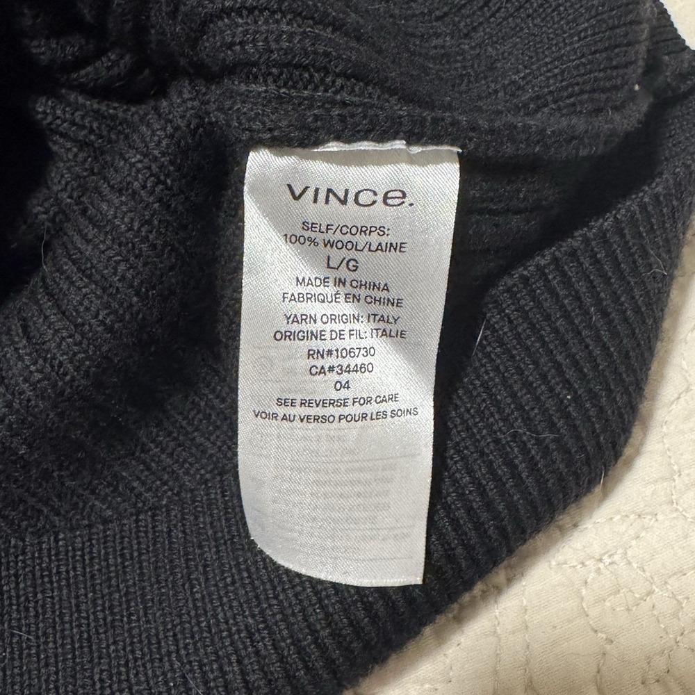 Vince‎ Mens Large Black 100% Wool Thick Knit Sweater Ottoman Ribbed Quarter Zip - Picture 5 of 8